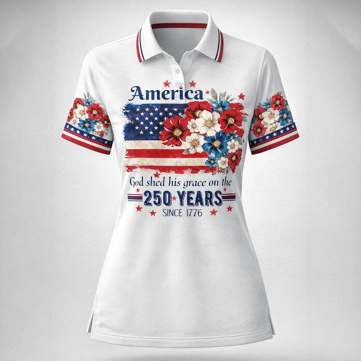 Golf Polo Shirt for Women, America 250 Floral Flag Design, Unique Golf Gift