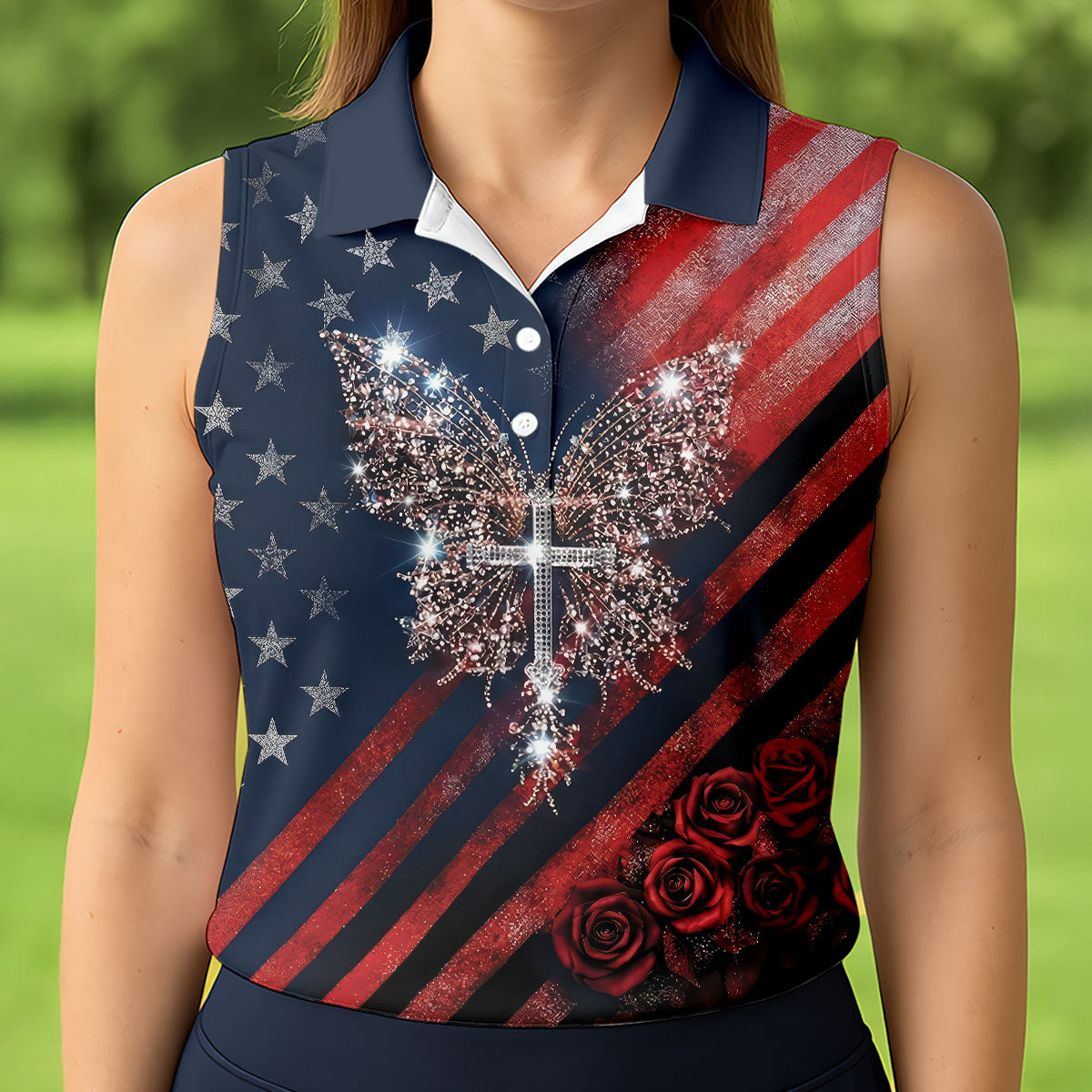 Golf Polo Shirt for Women, USA Butterfly Cross Rose Design, Unique Golf Gift