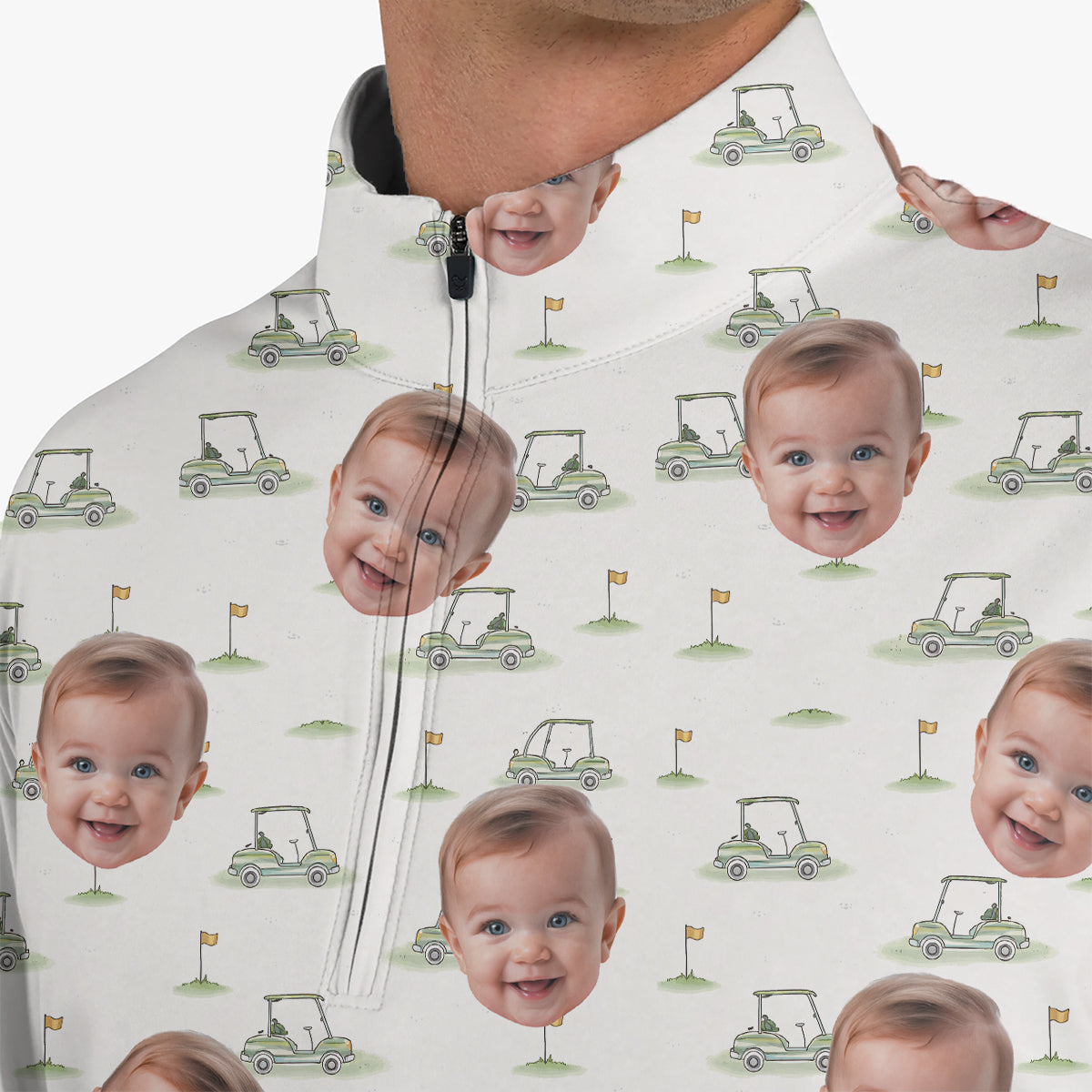 Funny Custom Baby Face Golf Polo Shirt for Men Personalized Photo Golf Shirt with Golf Cart Pattern All Over Print Unique Golf Gift for Dad or Grandpa