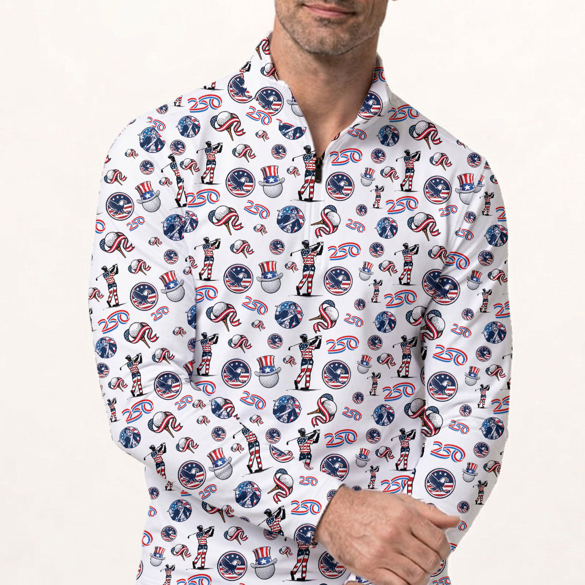 USA 250 Years Patriotic Golf Polo Shirt for Men American Flag Golfer All Over Print Performance Golf Shirt Semiquincentennial 1776–2026