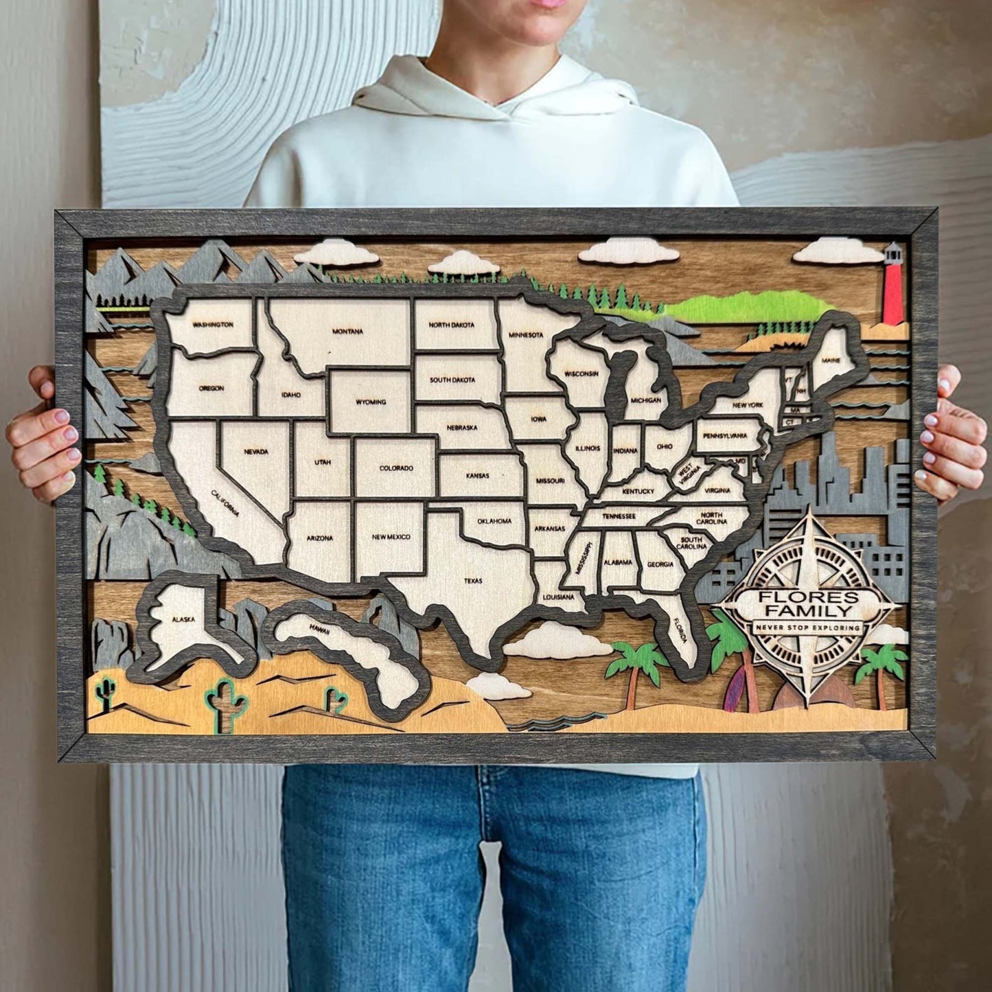 Personalized Wood US Travel Map, Lake Travel Map Tracker, Road Trip Tracker, Gift for Travelers
