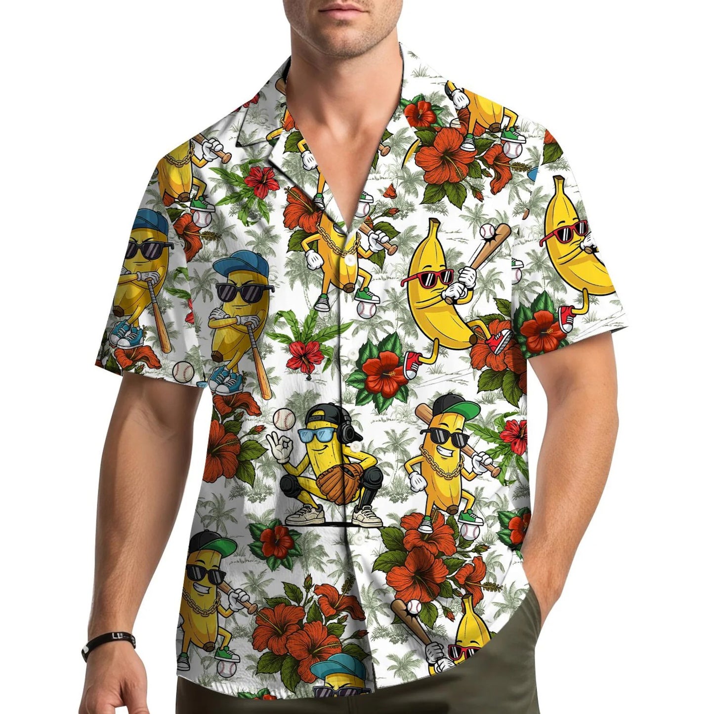 Banana Baseball Hawaiian Shirt Men Women Youth, Funny Tropical Fruit Sports Print, Summer Beach Vacation Short Sleeve Button up Shirt