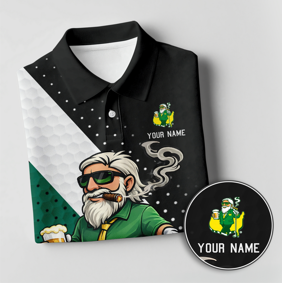 Personalized Golf Polo Shirt, Funny Golfer Drinking Beer Cartoon, Gift for Dad