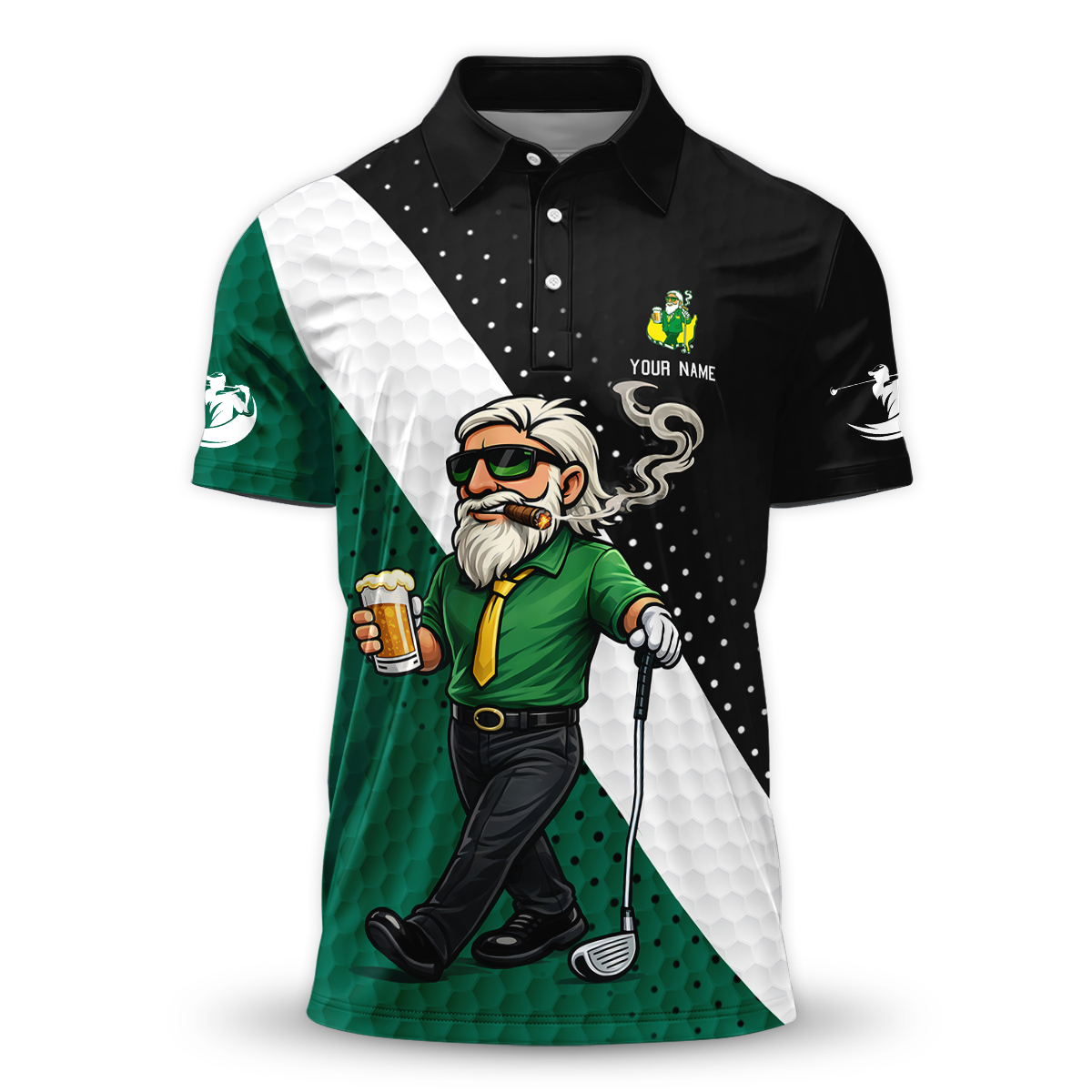 Personalized Golf Polo Shirt, Funny Golfer Drinking Beer Cartoon, Gift for Dad