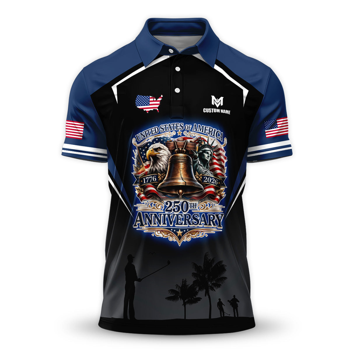 Personalized 250th Eagle Golf Polo, Custom Name Patriotic Design, Golf Gift Dad