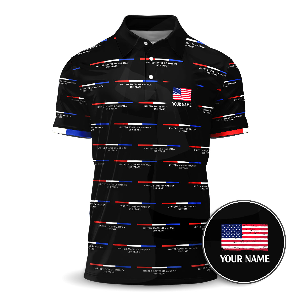 USA 250th Anniversary Golf Polo Shirt Custom Name Patriotic Men
