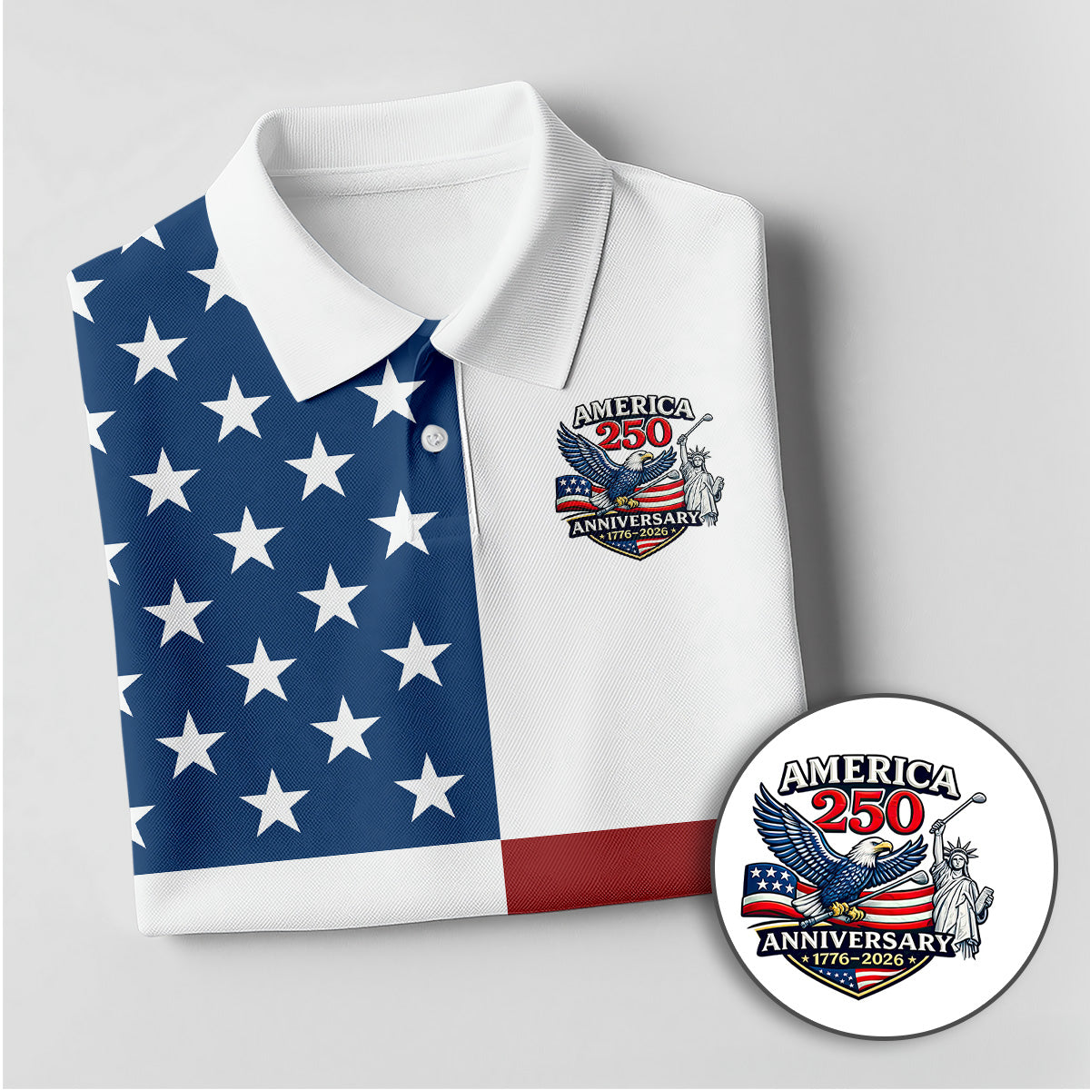 Golf Polo Shirt for Men, America 250 Anniversary Flag Design, Patriotic Golf Gift