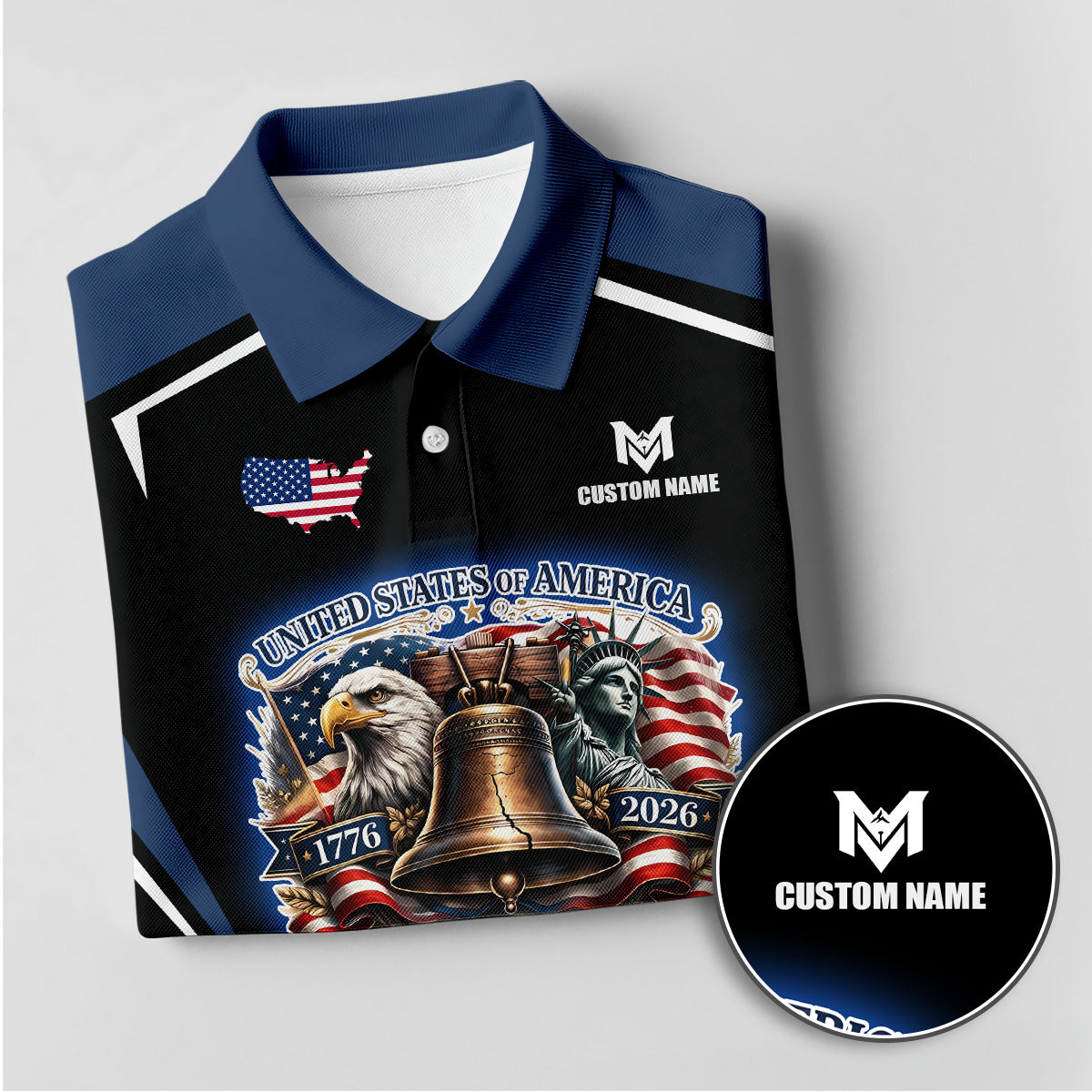 Personalized 250th Eagle Golf Polo, Custom Name Patriotic Design, Golf Gift Dad