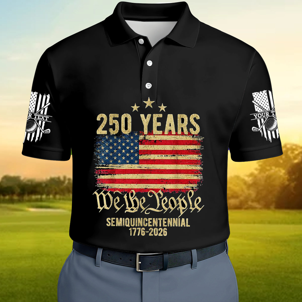 Custom Name USA 250 Years We The People 1776–2026 Patriotic Golf Polo Shirt for Men American Flag Semiquincentennial Golf Shirt 4th of July Golfer Gift
