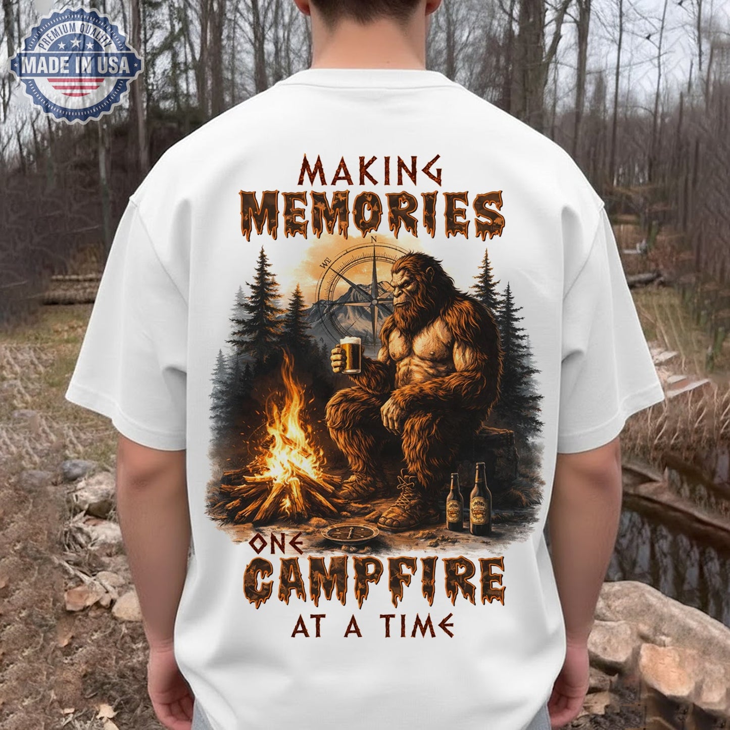 Making Memories Campfire T-Shirt – Bigfoot Beer Camping Graphic Tee, Rustic Sasquatch Outdoor Adventure Shirt, Nature Lover Gift
