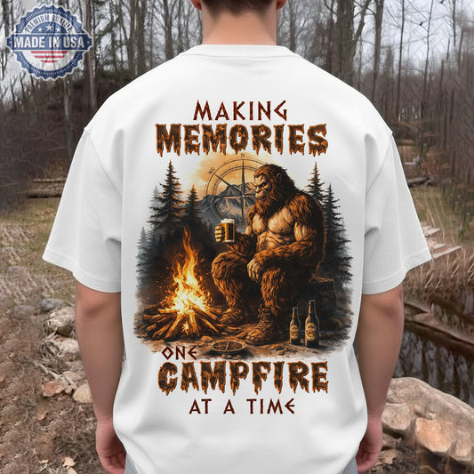 Making Memories Campfire T-Shirt – Bigfoot Beer Camping Graphic Tee, Rustic Sasquatch Outdoor Adventure Shirt, Nature Lover Gift