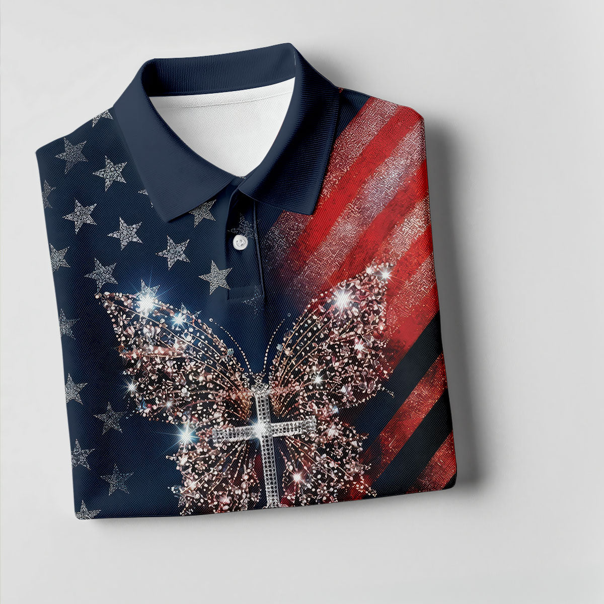 Golf Polo Shirt for Women, USA Butterfly Cross Rose Design, Unique Golf Gift