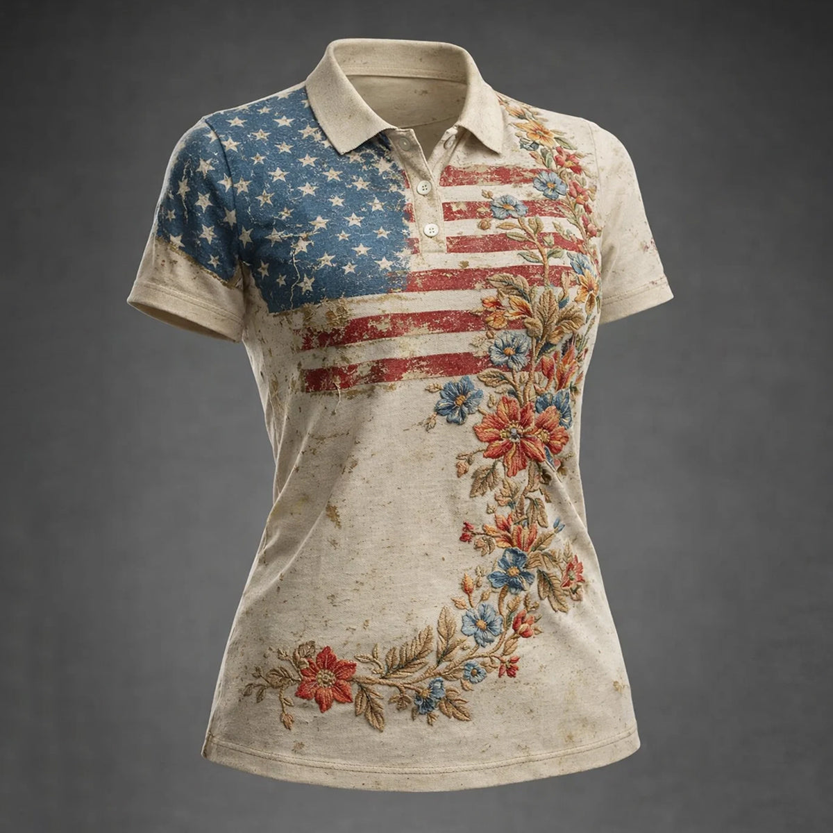 Golf Polo Shirt for Women, Vintage USA Floral Flag Design, Unique Golf Gift