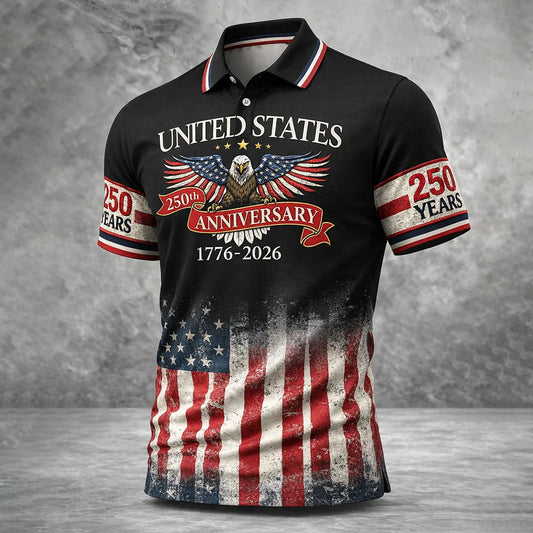 Golf Polo Shirt for Men, USA 250th Anniversary Eagle Flag, Unique Golf Gift