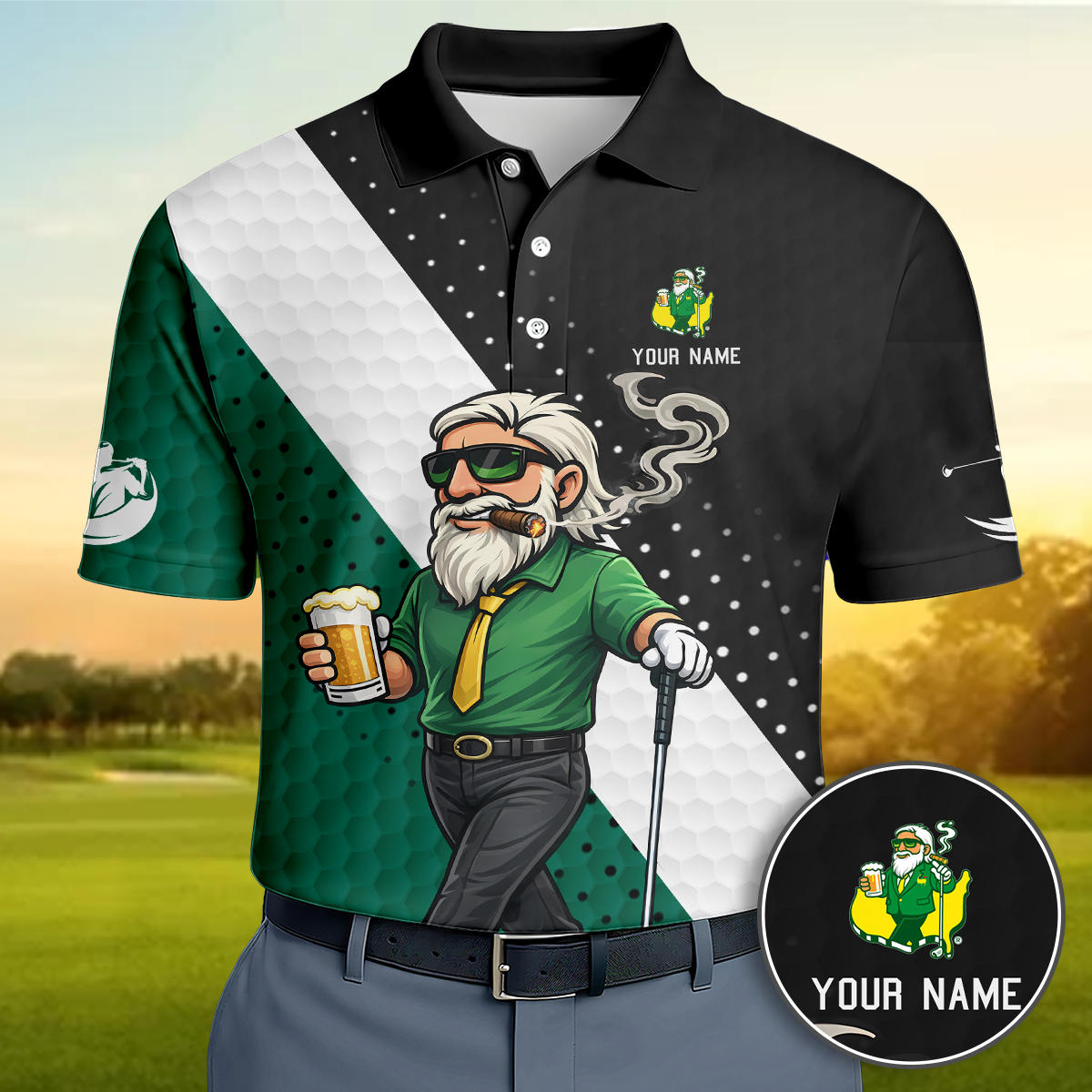 Personalized Golf Polo Shirt, Funny Golfer Drinking Beer Cartoon, Gift for Dad