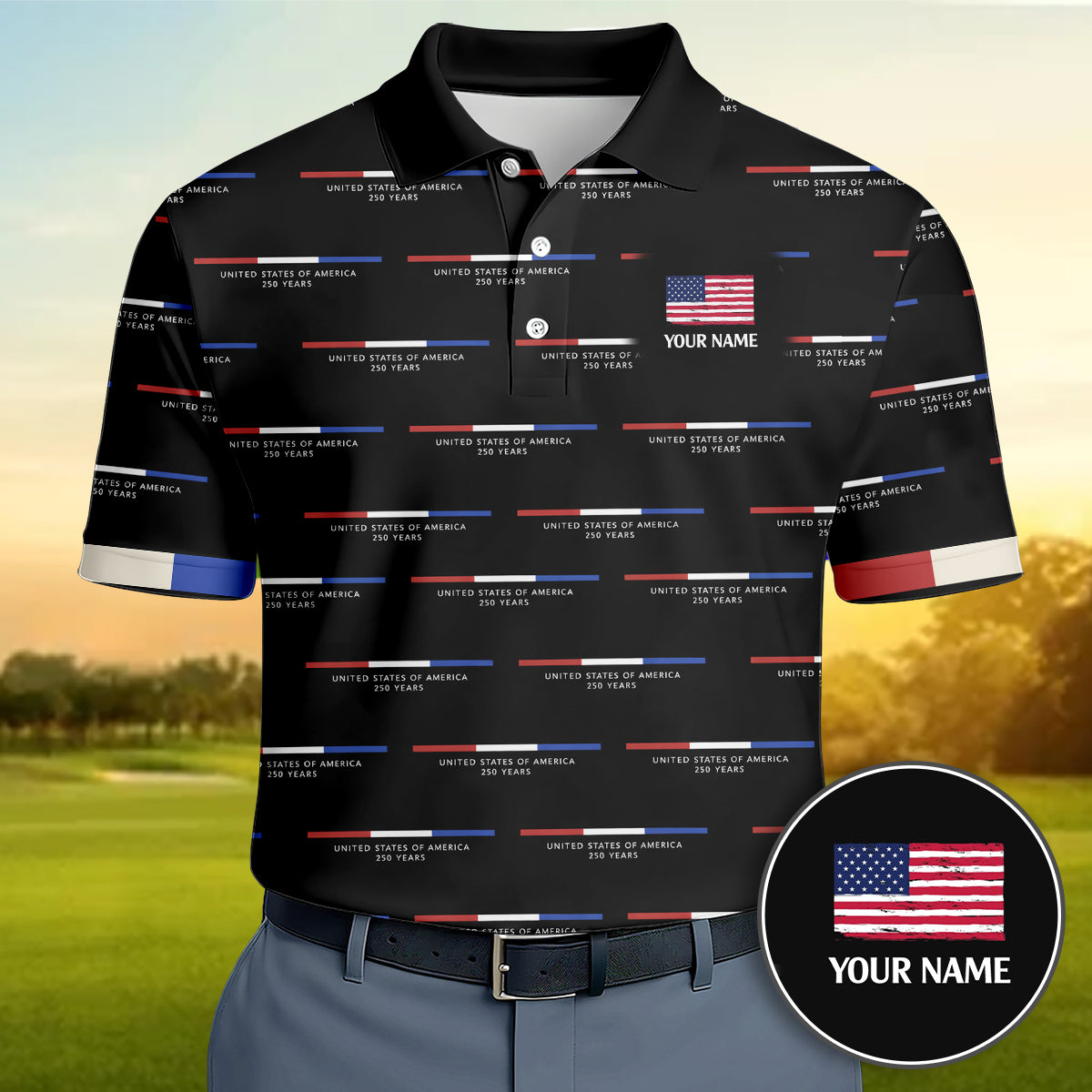 USA 250th Anniversary Golf Polo Shirt Custom Name Patriotic Men