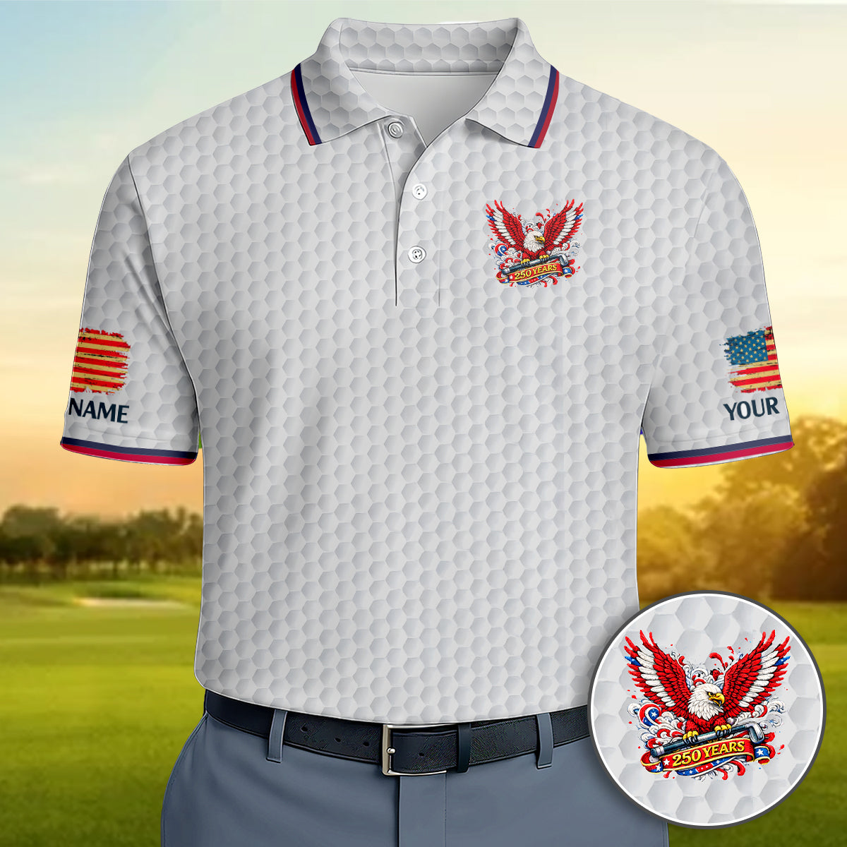 Personalized Eagle 250 Years Golf Polo, Patriotic USA Golf Shirt Men, Unique Golf Gift Dad