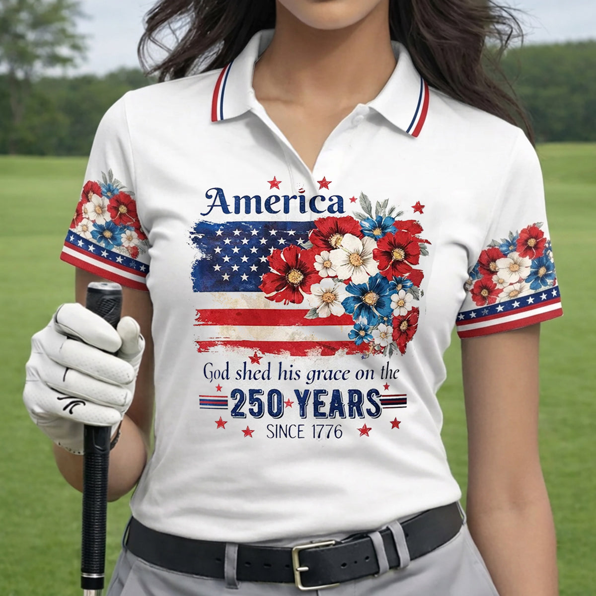 Golf Polo Shirt for Women, America 250 Floral Flag Design, Unique Golf Gift