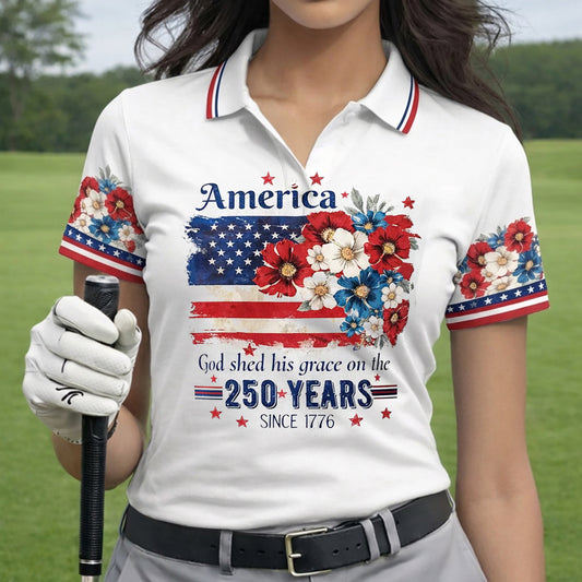 Golf Polo Shirt for Women, America 250 Floral Flag Design, Unique Golf Gift