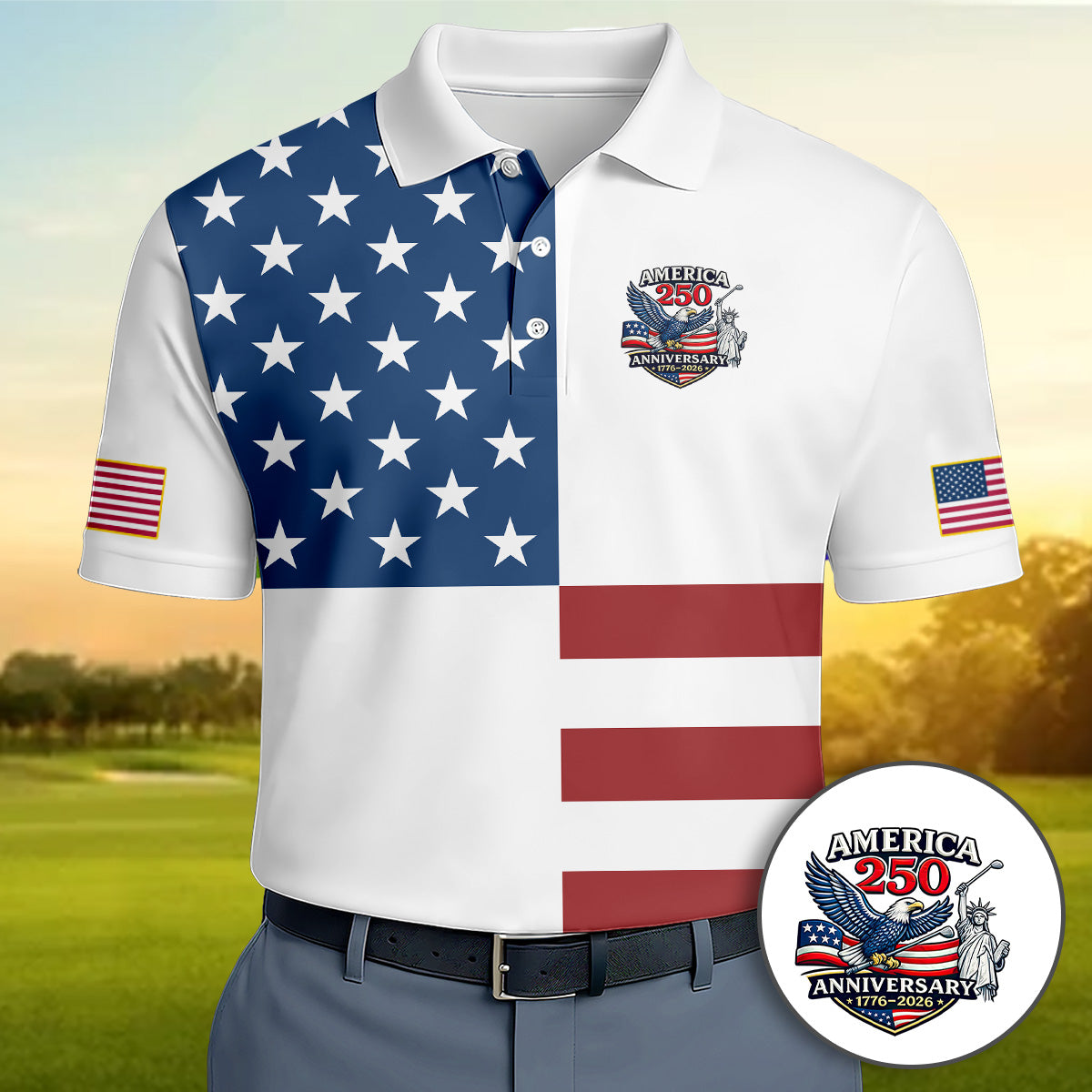 Golf Polo Shirt for Men, America 250 Anniversary Flag Design, Patriotic Golf Gift