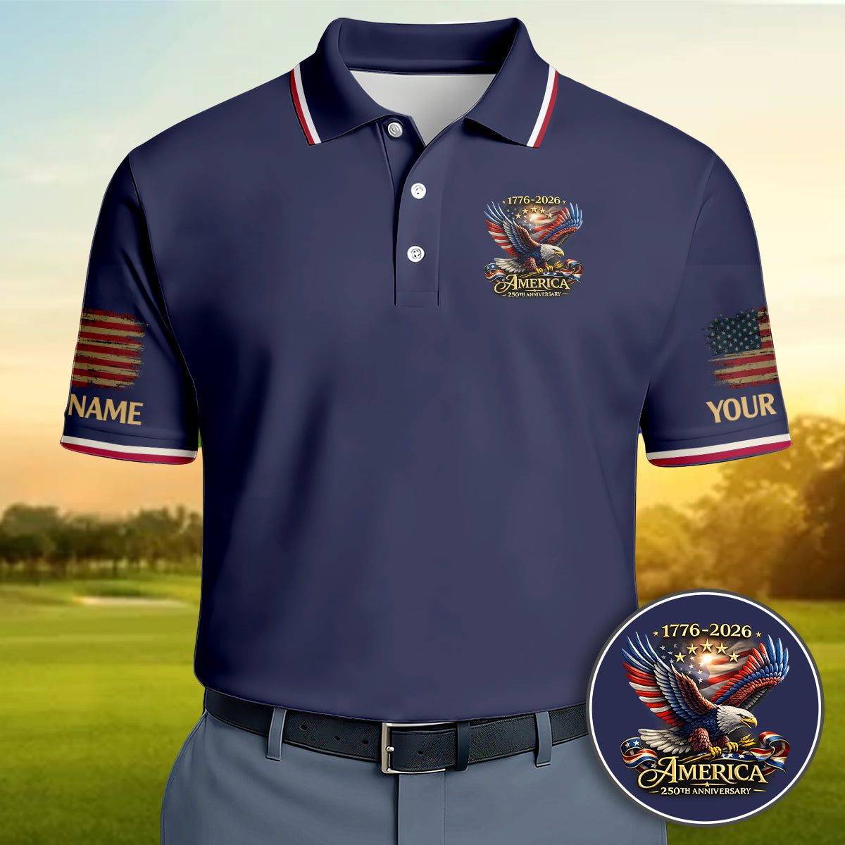 Personalized Golf Polo Shirt for Men, USA Eagle 250th Anniversary, Custom Name Patriotic Golf Gift