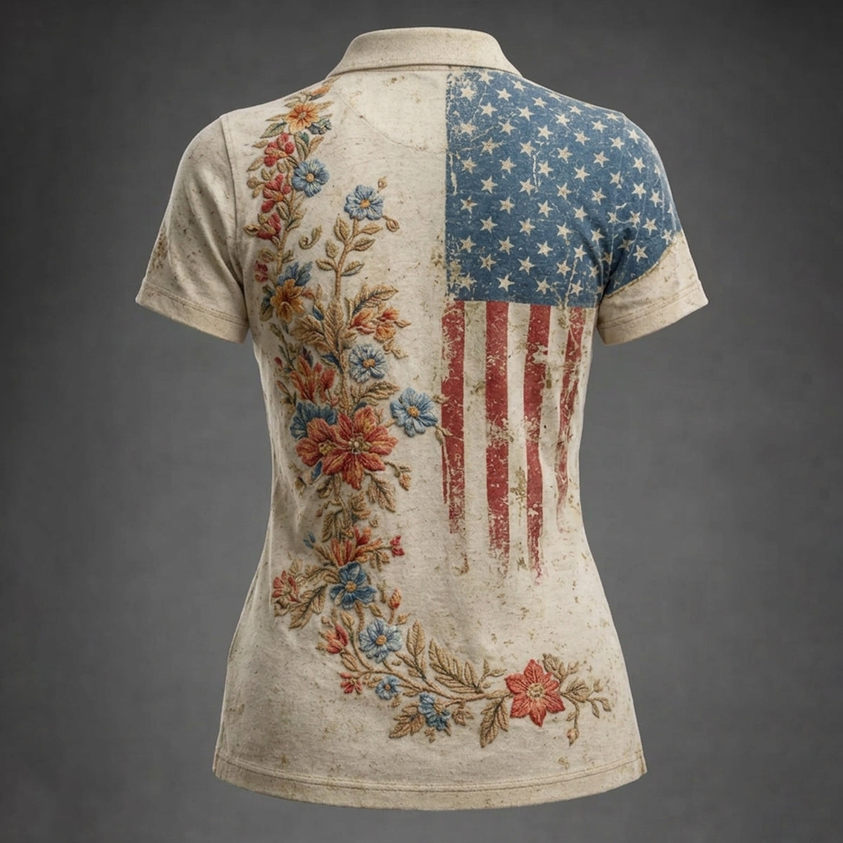 Golf Polo Shirt for Women, Vintage USA Floral Flag Design, Unique Golf Gift