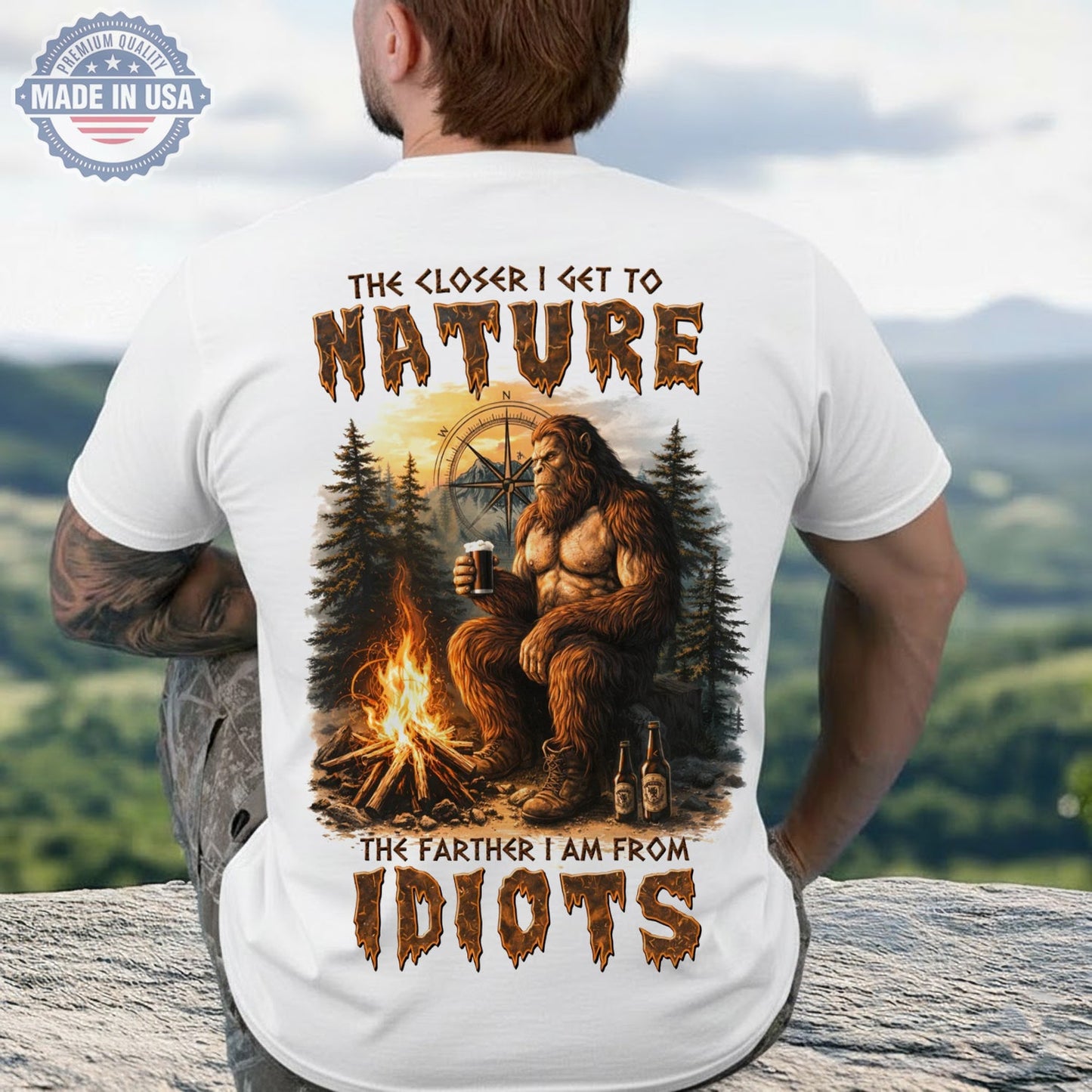 Funny Bigfoot Camping T-Shirt – “The Closer I Get to Nature” Sasquatch Beer Campfire Graphic Tee, Outdoor Humor Shirt