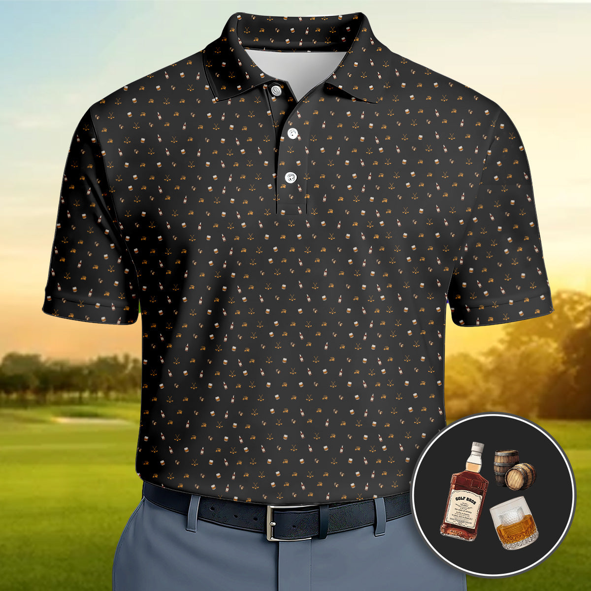 Golf Polo Shirt for Men, Whiskey Golf Pattern, Unique Gift for Dad