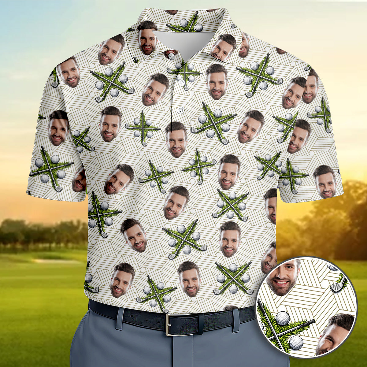 Personalized Photo Golf Shirt with Golf Cart Pattern, Golf Polo Shirt, Unique Golf Gift for Dad