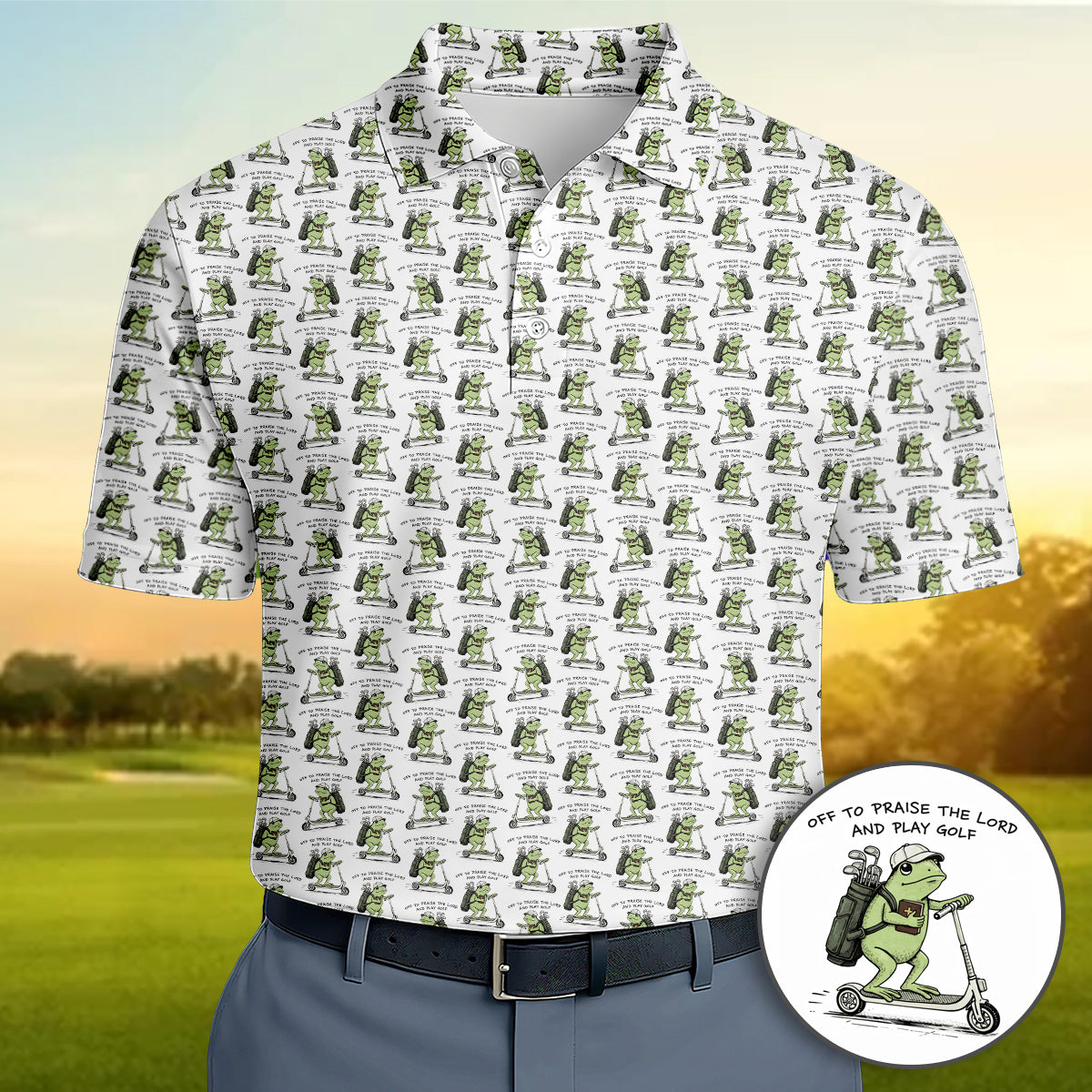 Golf Polo Shirt for Men, Funny Frog Golf Cartoon Pattern Shirt, Unique Golf Gift for Dad