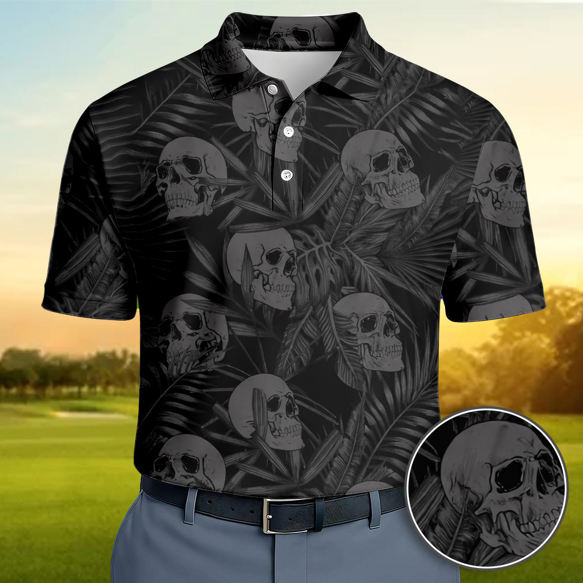 Golf Polo Shirt for Men, Skull Pattern All Over Print, Unique Golf Gift