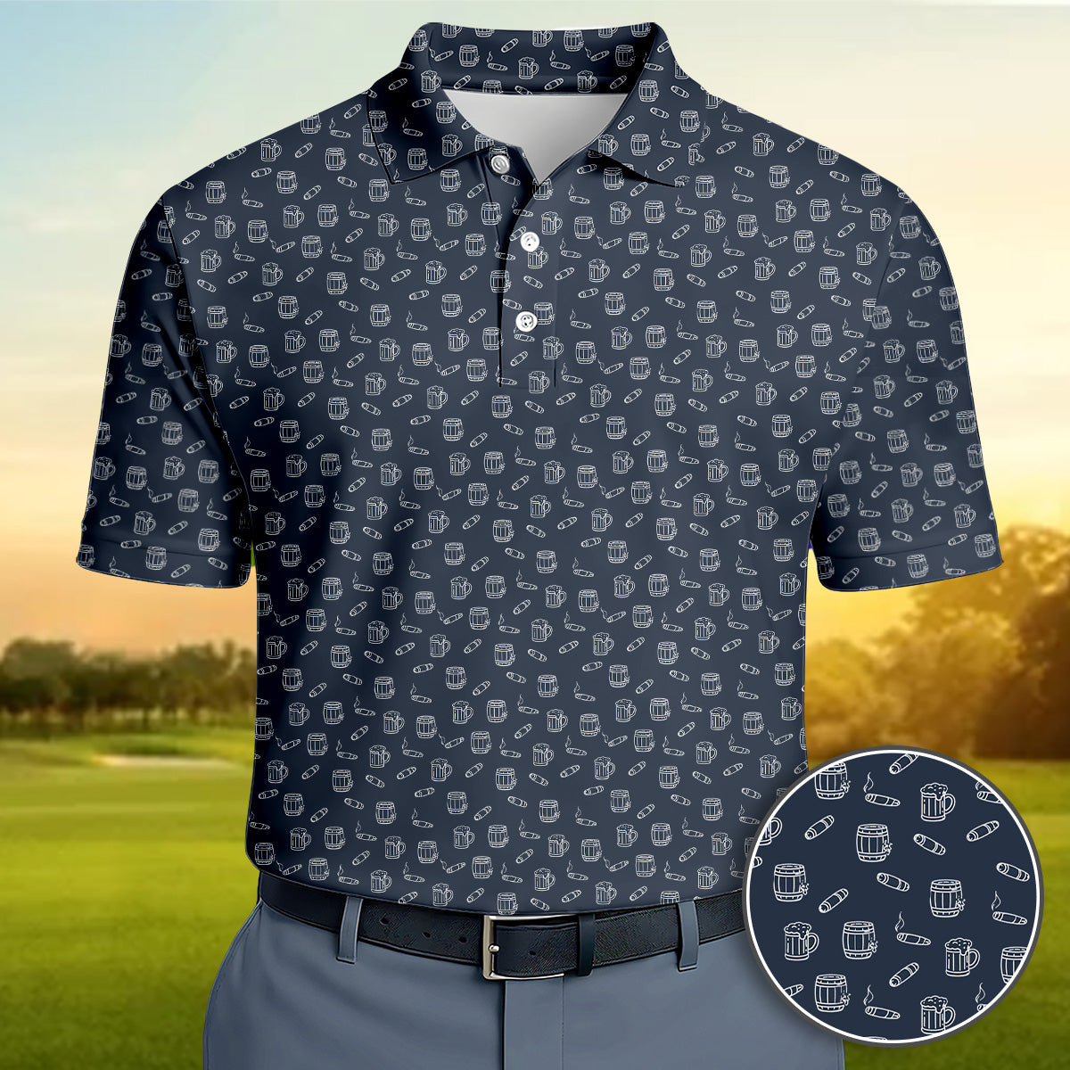 Golf Polo Shirt for Men, Beer Mug and Cigar Pattern Golf Shirt, Unique Golf Gift for Dad