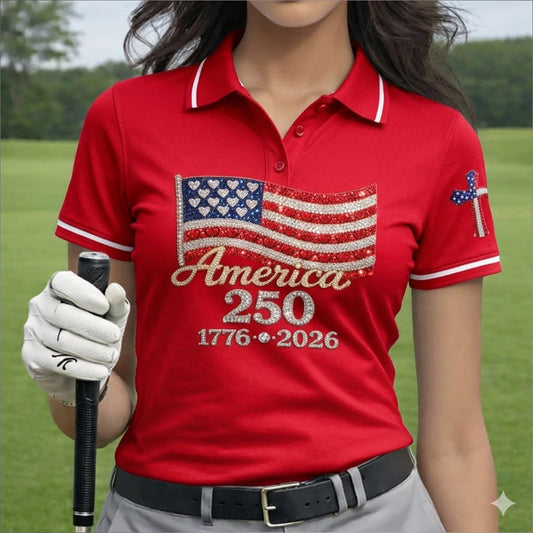 Golf Polo Shirt for Women, America 250 Flag Cross Design, Unique Golf Gift