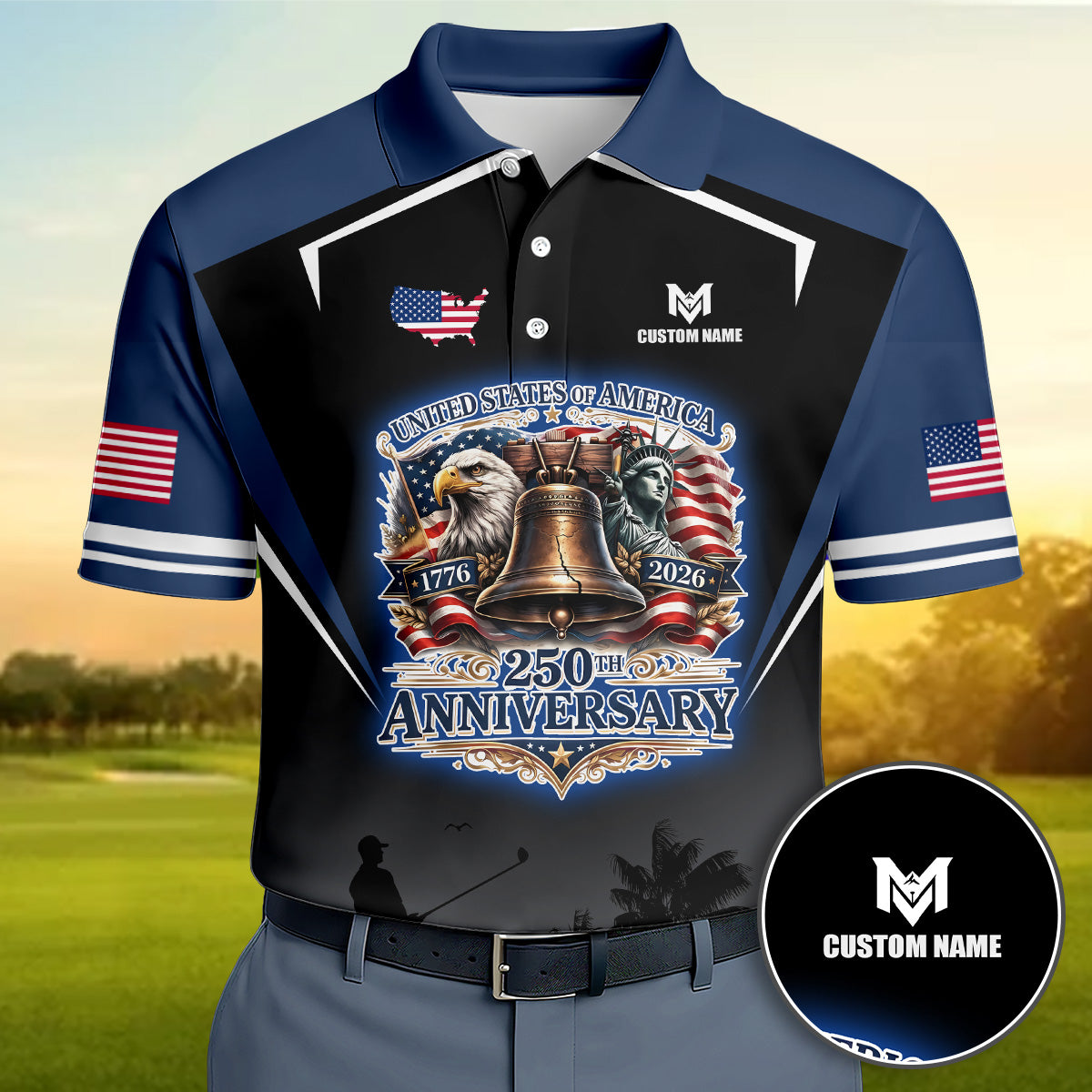 Personalized 250th Eagle Golf Polo, Custom Name Patriotic Design, Golf Gift Dad