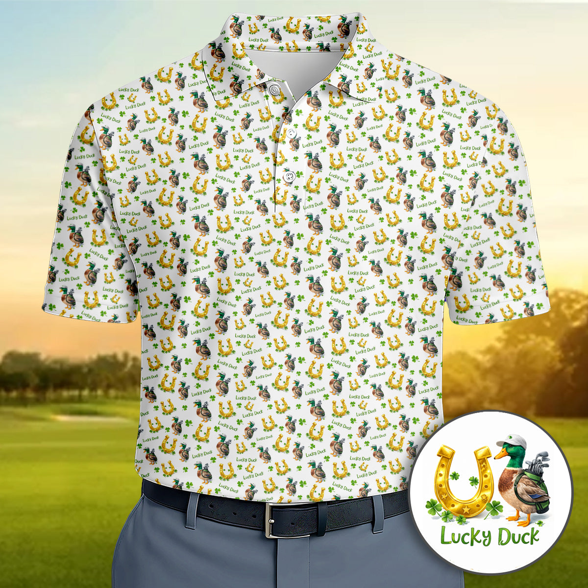 Golf Polo Shirt for Men, Lucky Duck Golf Pattern Shirt, Unique Golf Gift for Dad