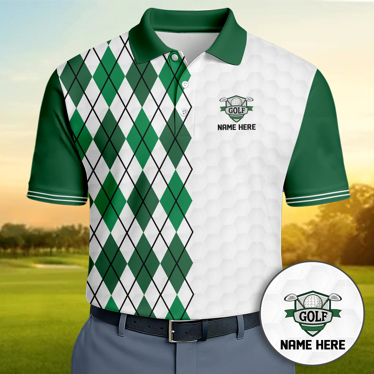 Personalized Golf Polo Shirt for Men, Argyle Pattern, Unique Golf Gift