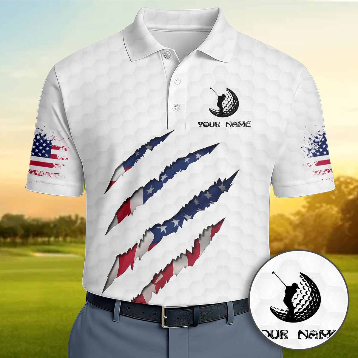 Personalized Golf Polo Shirt for Men, Custom Name USA Claw Pattern, Unique Golf Gift