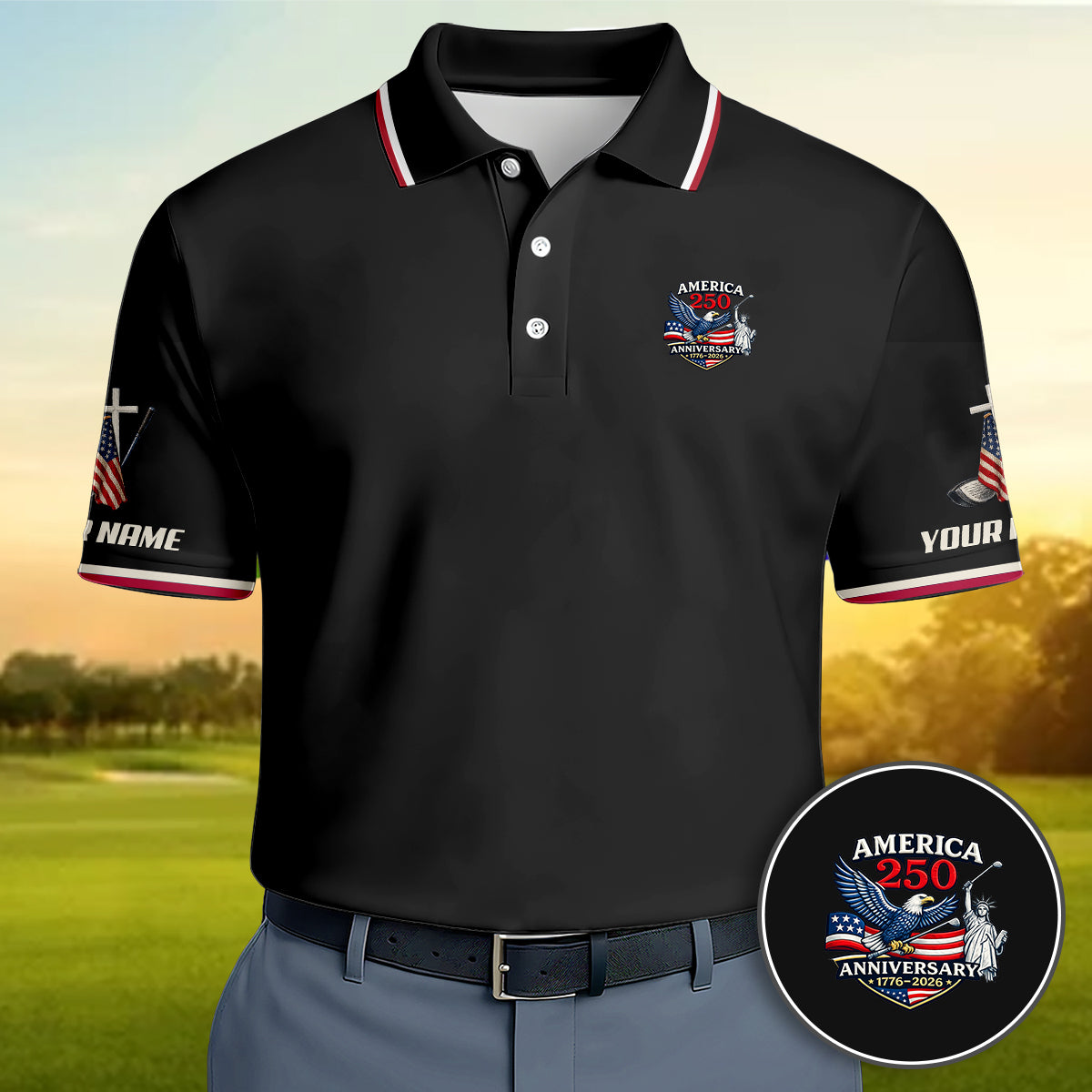 Men Golf Polo America 250 Anniversary Custom Name Patriotic Shirt