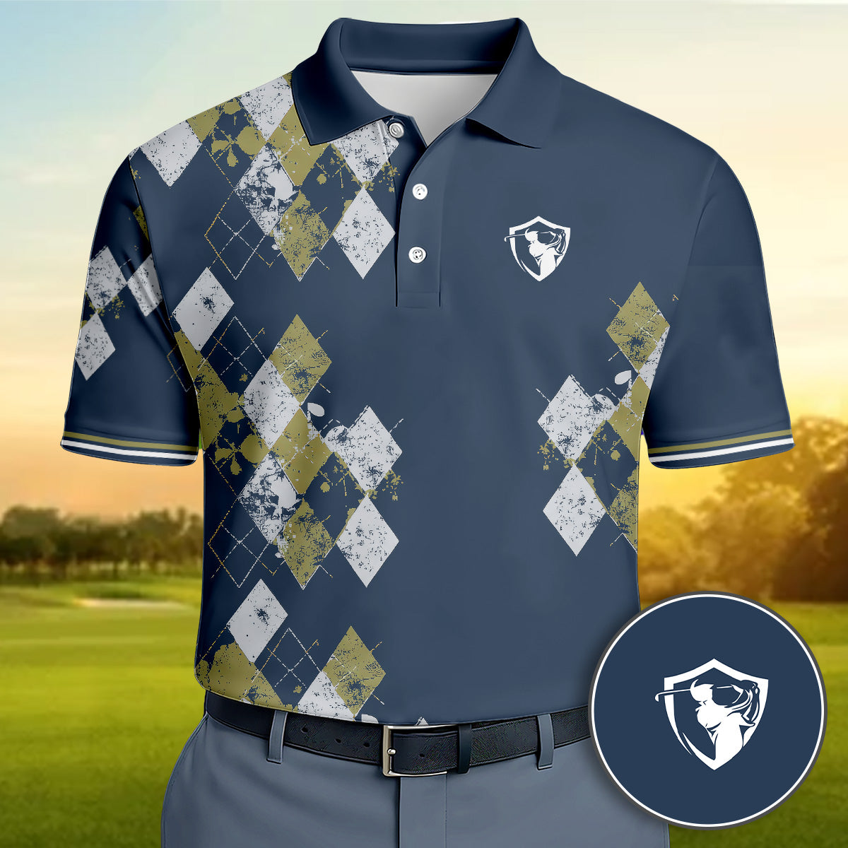Golf Polo Shirt for Men, Argyle Pattern AOP Design, Unique Golf Gift