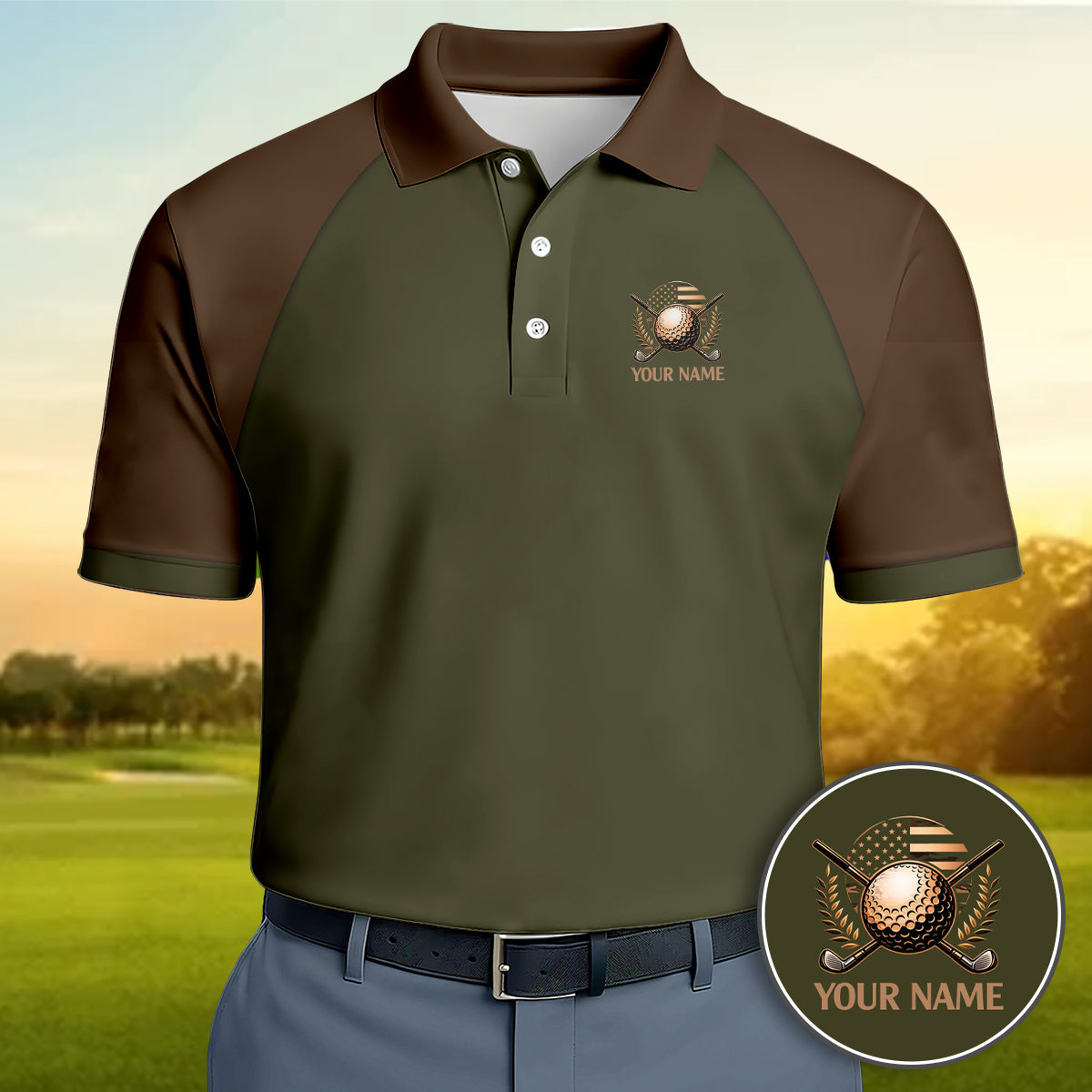 Custom Name Golf Polo USA Flag Crest Performance Shirt