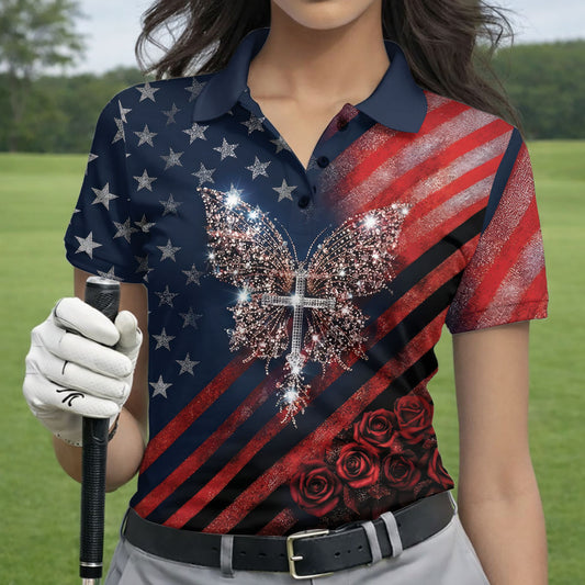 Golf Polo Shirt for Women, USA Butterfly Cross Rose Design, Unique Golf Gift