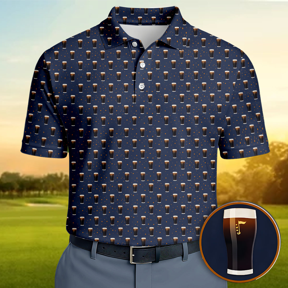 Golf Polo Shirt for Men, Beer Pint Pattern Funny Golf Shirt, Unique Golf Gift for Dad