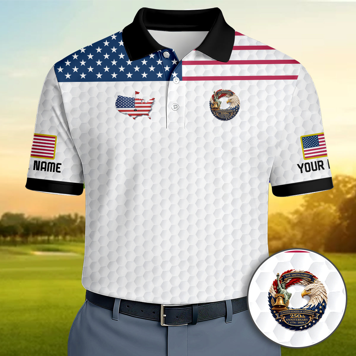 Custom USA Flag Golf Polo Shirt Golf Ball Texture Patriotic Performance