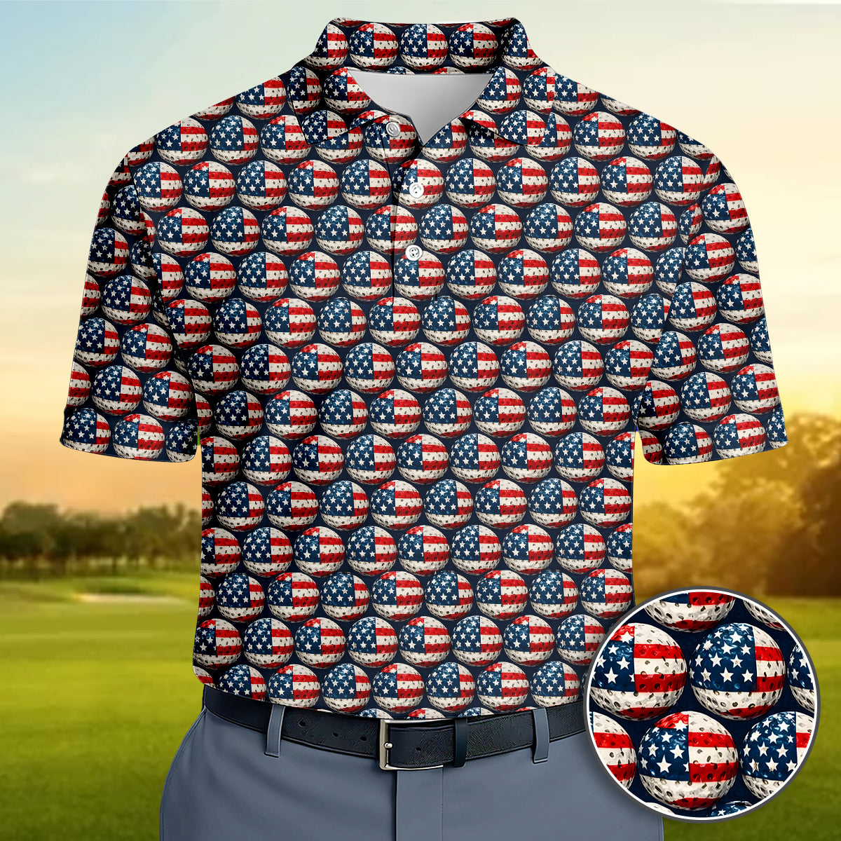 USA Flag Golf Ball Print Polo Shirt Patriotic Performance Golf Shirt