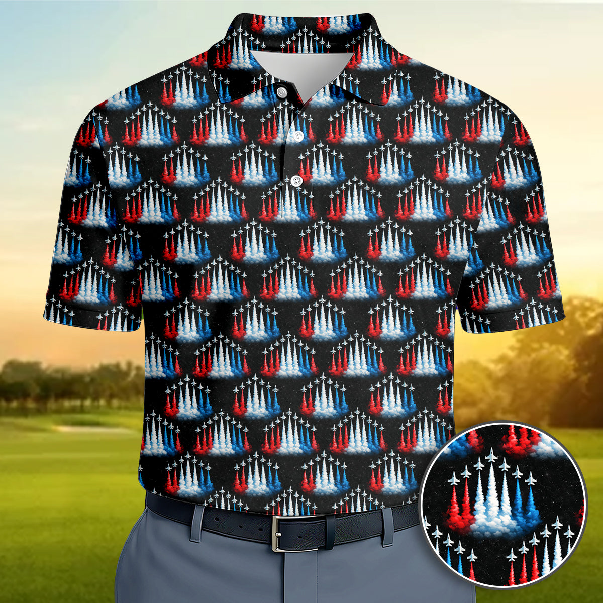 Patriotic Golf Polo Shirt USA Jet Print Breathable Performance Men