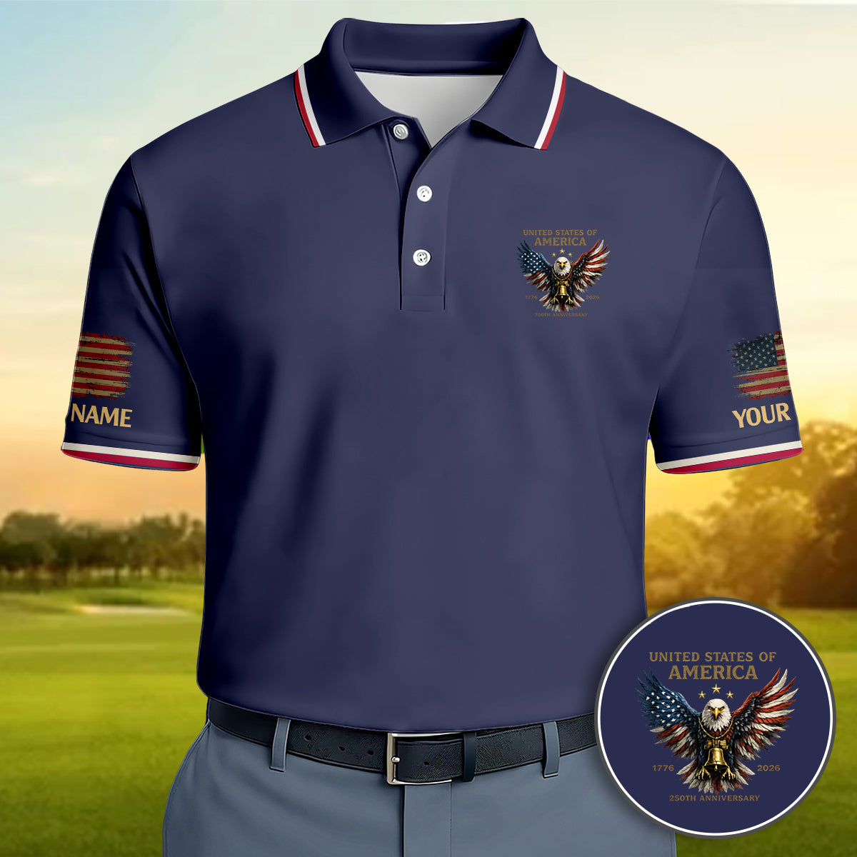 Personalized Patriotic USA Eagle 250 Golf Polo Custom Name Performance Shirt