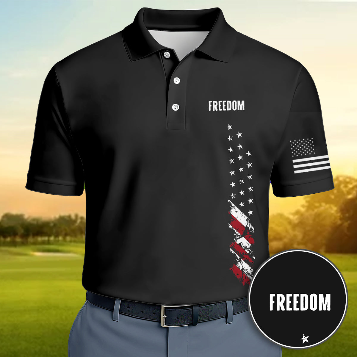 Golf Polo Shirt for Men, Freedom USA Flag Graphic, Patriotic Golf Gift