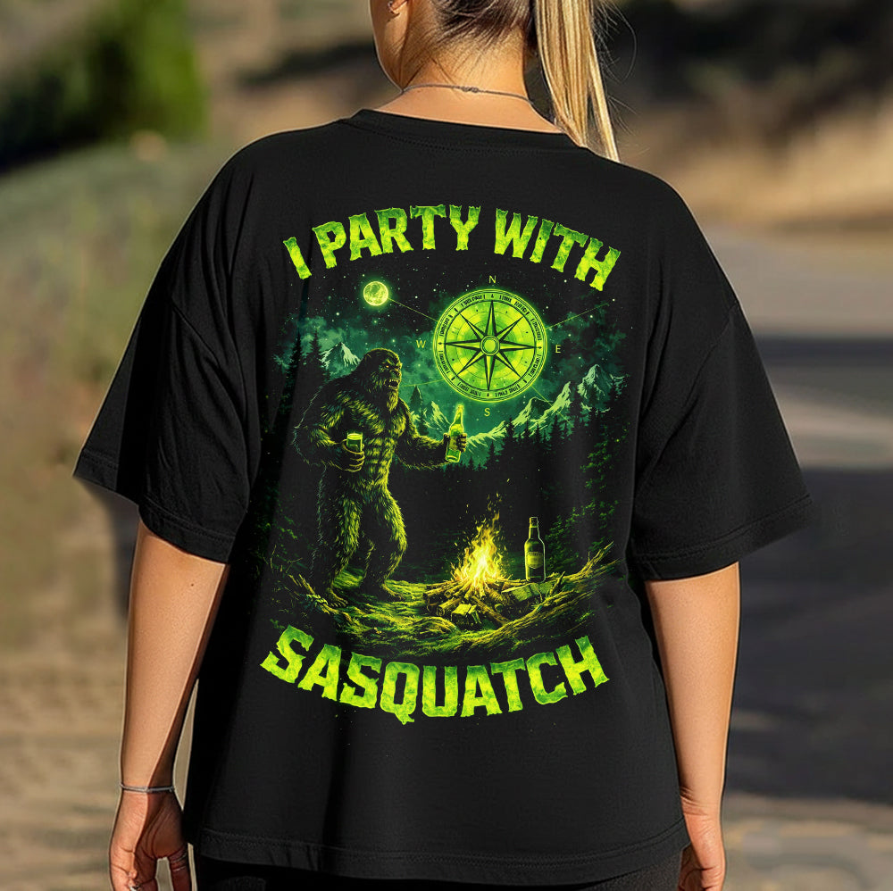 Sasquatch Party T-Shirt – “I Party With Sasquatch” Funny Bigfoot Camping Graphic Tee, Beer Campfire Night Outdoor Shirt