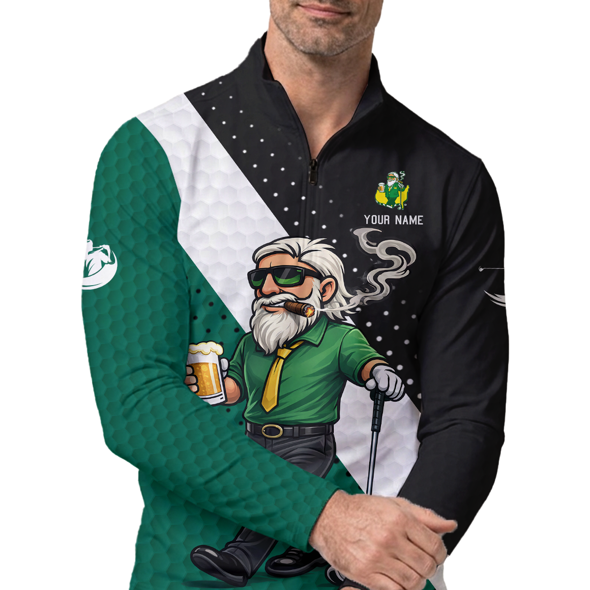 Personalized Golf Polo Shirt, Funny Golfer Drinking Beer Cartoon, Gift for Dad