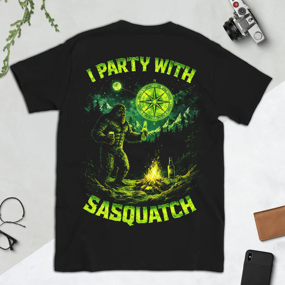 Sasquatch Party T-Shirt – “I Party With Sasquatch” Funny Bigfoot Camping Graphic Tee, Beer Campfire Night Outdoor Shirt